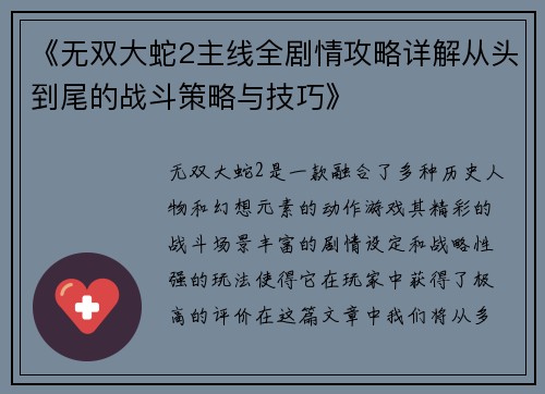 《无双大蛇2主线全剧情攻略详解从头到尾的战斗策略与技巧》