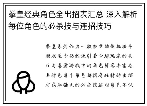 拳皇经典角色全出招表汇总 深入解析每位角色的必杀技与连招技巧